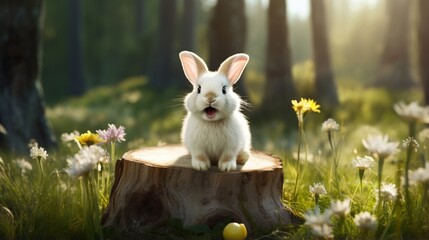 Fluffy Domestic Rabbit Surrounded by Plants in Easter Celebration generated by AI tool 
