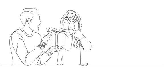 line art drawing of couple holding gift box with ribbon. line art of birthday surprise and christmas box. Vector illustration