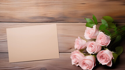 Wooden Background with Textured Grain, Delicate Roses, and Greeting Card Featuring Ample Space for Valentine's Day, Weddings, Engagements, or Wedding Anniversary Celebrations