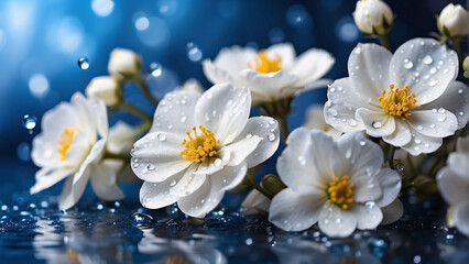 Soft and delicate background with fresh white flowers and blue tones 