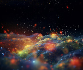 Fototapeta premium The universe, space, and space travel portrayed in chaotic energy style, featuring orange and cyan hues.