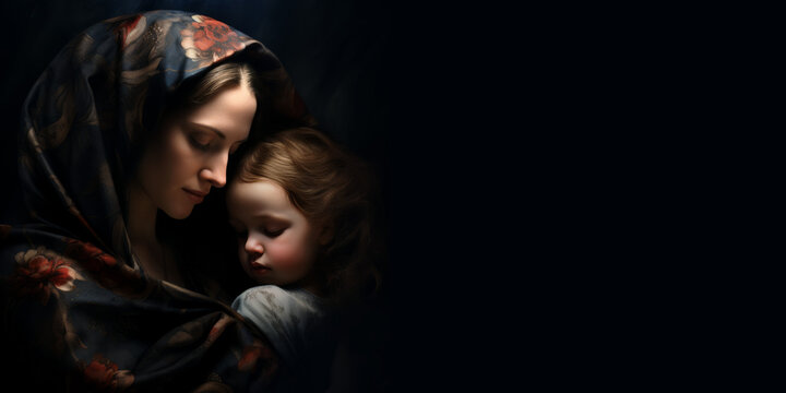 A classic portraiture art painting depicting a religious scene of a mother and child.