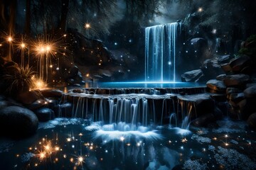 Beautiful view of waterfall in forest with light 