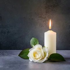 Outdoor-Kissen  Sympathy card with white candle and white rose on dark background.with copy space © izzzy71