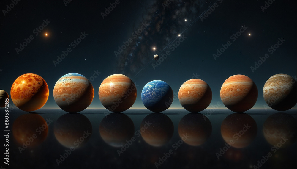 Poster a celestial ballet of a perfectly aligned solar system, where planets harmoniously form a captivatin