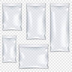 Clear vinyl zipper pouch vector mockup set. Transparent plastic bag with zip lock mock-up kit. PVC envelope sleeve resealable package template - obrazy, fototapety, plakaty