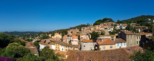 Panoramic view of old town village or Bormes-les-Mimosas on a morning with clear sky, Provence, France