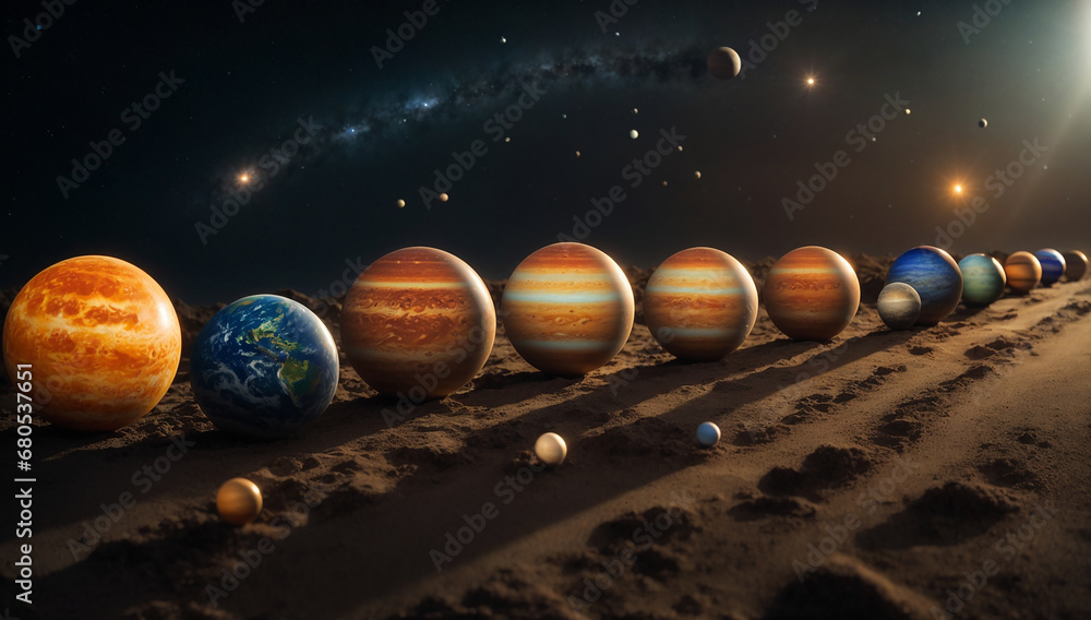 Poster a celestial ballet of a perfectly aligned solar system, where planets harmoniously form a captivatin