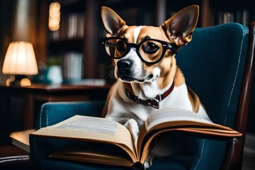 dog reading a book on a bed