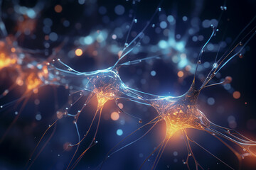3d rendering of neuron cell with glowing light in dark space, computer generated background