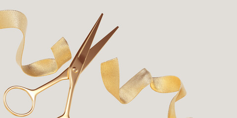 Golden scissors cut the gold ribbon on the fly. Store opening 3d rendering concept - obrazy, fototapety, plakaty
