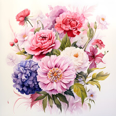 Carnations, Peonies, Gerbera Daisies, Hydrangeas, Flowers, Watercolor illustrations