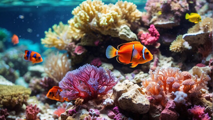 Fototapeta na wymiar Tropical fish in the aquarium. Beautiful colorful coral reef with tropical fish.
