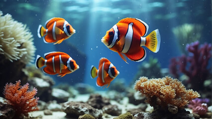 Naklejka na ściany i meble Beautiful colorful sea fish live in an aquarium among various algae and corals. Rare fish species in the aquarium. 
