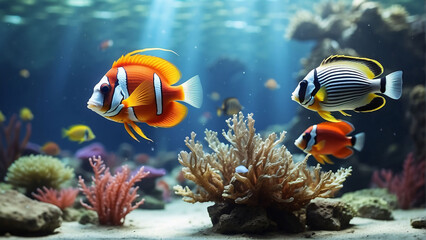 Fototapeta na wymiar Beautiful colorful sea fish live in an aquarium among various algae and corals. Rare fish species in the aquarium. 