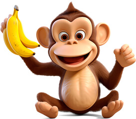 cartoon 3d model of monkey with bananas, smile and friendliness
