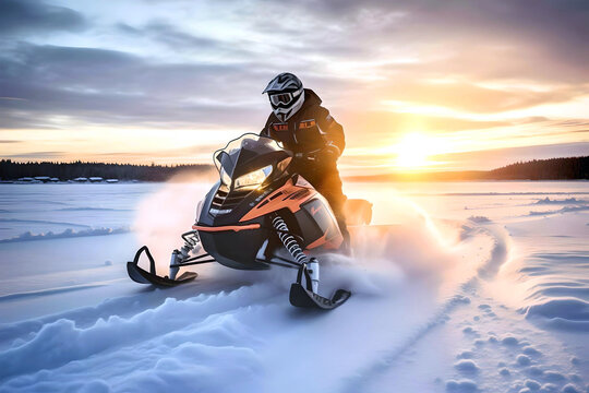 Snowmobiling on the frozen lake at sunset. Snowmobiling. Adventurous rides through snowy terrain