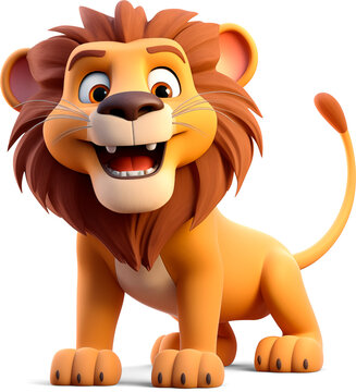 cartoon 3v model of a lion, smile and friendliness