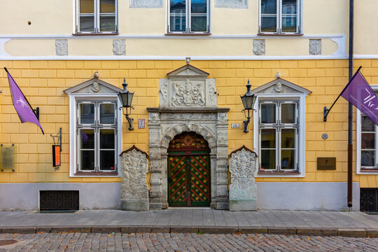 Tallinn, Estonia - 28 September 2022: House of the Blackheads entrance in old Tallinn