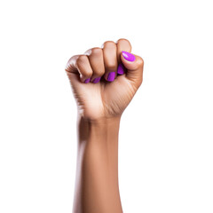 Women day, female raised fist isolated on white transparent background. Feminist movement concept. PNG - obrazy, fototapety, plakaty