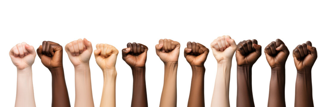 Women day, female raised fists isolated on white transparent background. Feminist movement concept. PNG