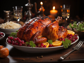 Turkey prepared for the Thanksgiving holiday. Festive table set for a family meeting