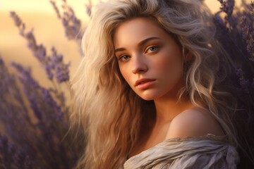 A serene close-up of a beautiful young woman, her innocence illuminated by soft golden light, against a calming lavender background.