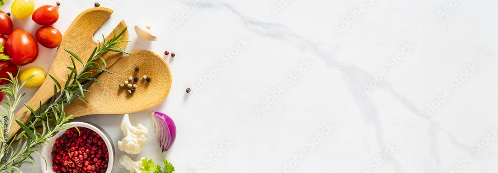 Poster menu background. wooden spoon with spices and ingredients for cooking food on white background with 