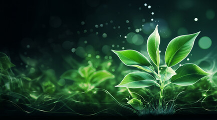 A digital image of a glowing green plant shape made of light rays and particles.