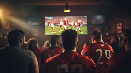 Group of American Football Fans Watching a Live Match Broadcast in a Sports Pub on TV, People Cheering, Supporting Their Team, generative ai