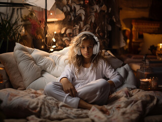 A pretty girl wearing headphones in a cozy home environment relaxes to the music. Cover screensaver for playlistю.