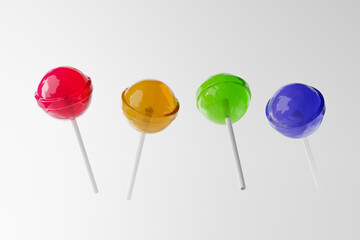 Colorful sweet lollipops isolated over white background. Round candies on stick. 3D rendering.