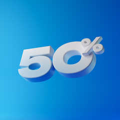 White fifty percent or 50 % isolated over blue background. 3D rendering.