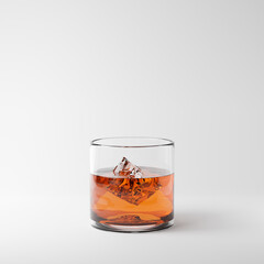 Glass of scotch whiskey with ice cube isolated over white background. 3D rendering.