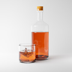 Bottle and glass of scotch whiskey with ice isolated over white background. 3D rendering.
