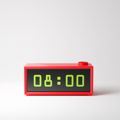 Red digital alarm clock with green digits isolated over white background. 3D rendering.
