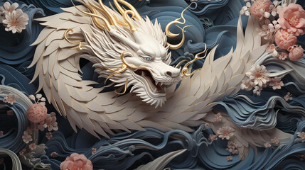 Chinese style traditional dragon illustration flying through the clouds. This dragon is famous in Chinese folklore and culture. - obrazy, fototapety, plakaty