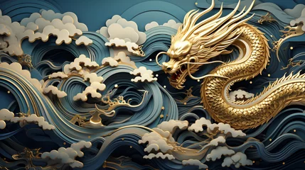 Foto op Plexiglas Chinese style traditional dragon illustration flying through the clouds. This dragon is famous in Chinese folklore and culture. © Aisyaqilumar