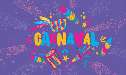 Carnival with mask, drum, vuvuzela and feathers on purple background. Banner for holiday celebration, masquerade or carnival party invitation. Flat vector illustration. - obrazy, fototapety, plakaty