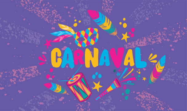 Carnival with mask, drum, vuvuzela and feathers on purple background. Banner for holiday celebration, masquerade or carnival party invitation. Flat vector illustration.