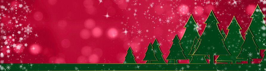 Eve New Year and Christmas winter Holidays, greeting card, bokeh, night, december. Green Christmas tree on the red background. Design, panoramic banner.