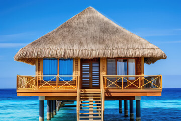 Fototapeta premium A dreamy photograph showcasing the crystal-clear turquoise waters, overwater bungalows, and tropical paradise of Bora Bora. Exploring this idyllic island allows you to snorkel among colorful coral ree
