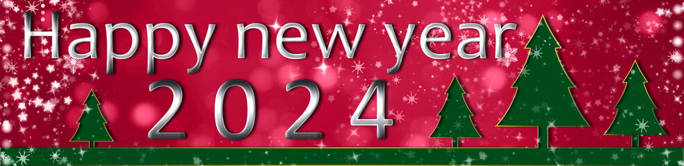 Eve 2024 New Year winter Holiday, greeting card, bokeh, night, december. Green Christmas tree on the red background. Design, panoramic banner.