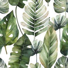 Seamless pattern with tropical leaves. Hand drawn watercolor illustration