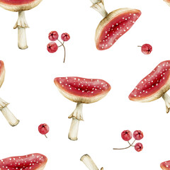 Watercolor seamless pattern with fly agaric and red berries.