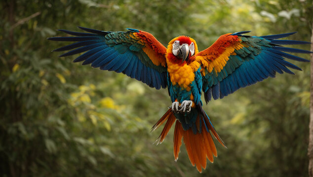 Stunning macaw in flight, showcasing its vividly colored wings - AI Generative