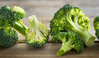 Fresh healthy green organic raw broccoli florets on wooden table closeup