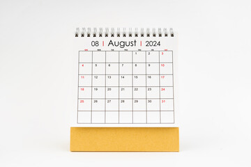 2024 August monthly desk calendar isolated on white.