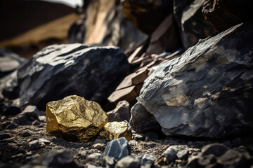 A close-up view of raw gold nuggets, showcasing the pure and natural form of gold as it is found in the min