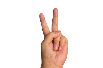 hand showing sign, two, peace, isolated on transparent background, PNG